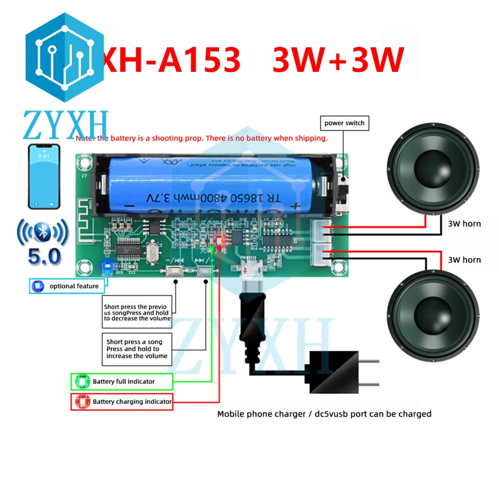 

XH-A153 Lithium Battery Bluetooth 5.0 Amplifier Board DC 5V 3W+3W Dual Channel 2 Ch Stereo Low Power Audio AMP PAM8403 Chip