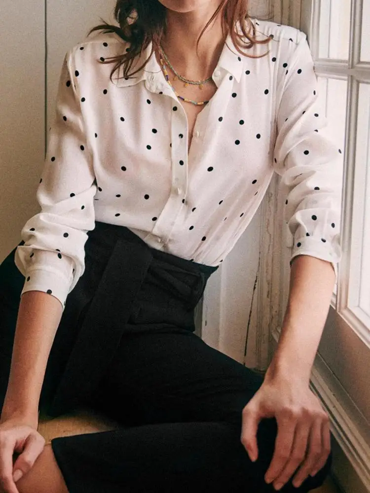 2022 Autumn New Lapel Chiffon Shirt Long-sleeved Women Shirt White Black Dot Print Loose Shirt