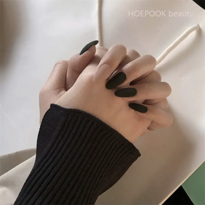 

24pcs Round Black Finished Scrub Fake Nails Art Seamless Removable Full Cover Artificial Press On False Nails Women Decoration