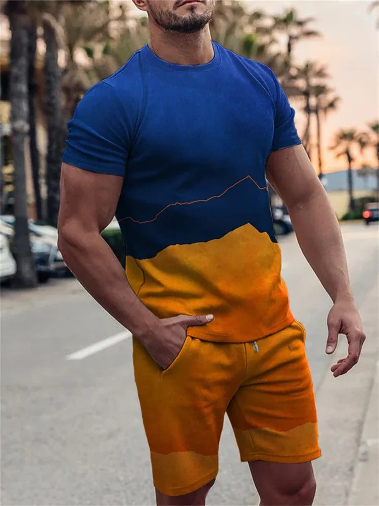 Summer Men Sports Suit Casual Short Sleeve 2-piece Set 3D Printed Fashion O Collar Street T-shirt Oversized Men Clothing Holiday