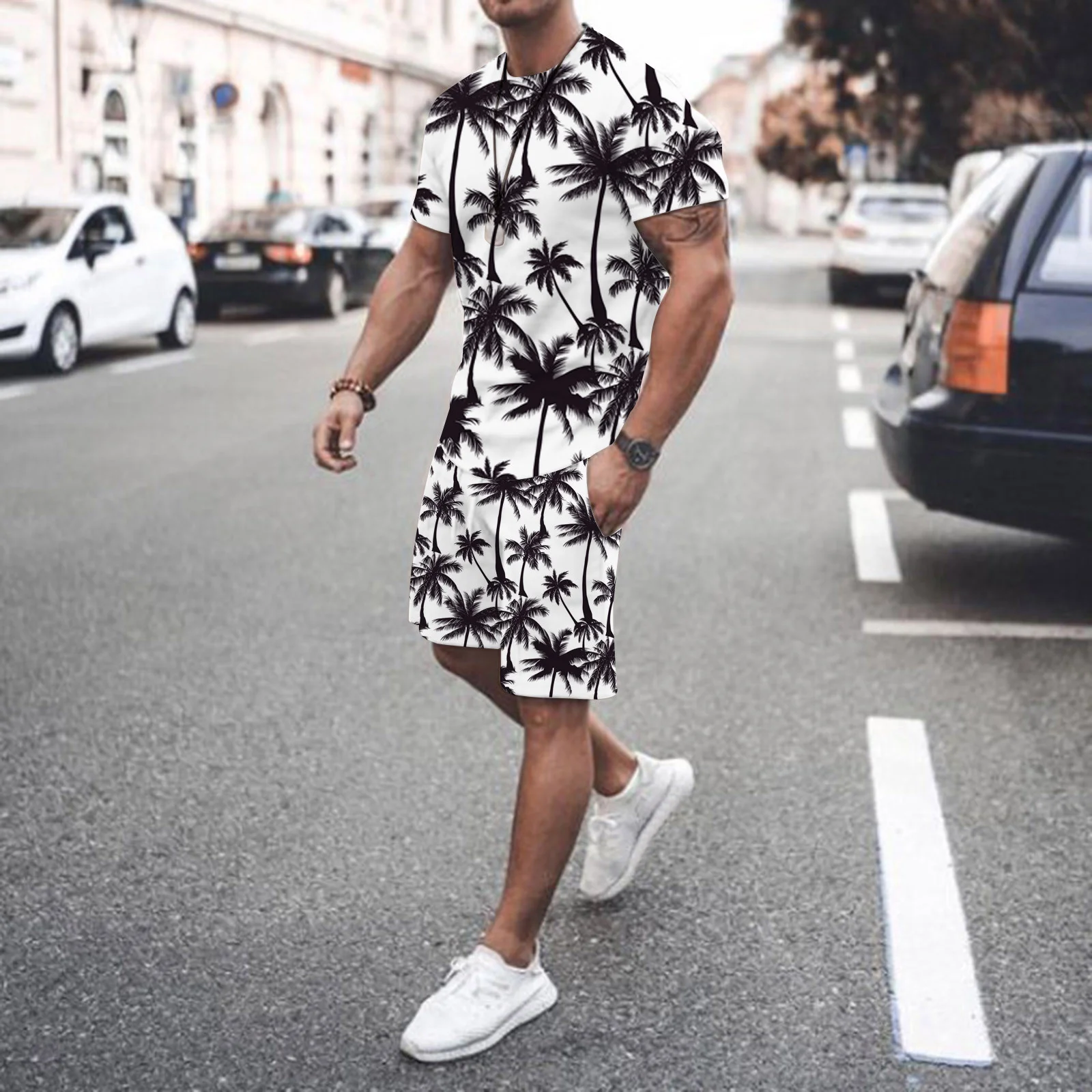 

New Summer Fashion Men's 2 Piece Set Tracksuits Casual Short Sleeves Print T-shirt+shorts Pants Suits Camisetas Ropa Hombre