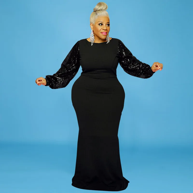 Plus Size Dresses Solid Long Sleeve Beaded Sleeve Sexy Slim Female Fishtail Skirt Long Skirt Party Dresses Evening Dresses Full