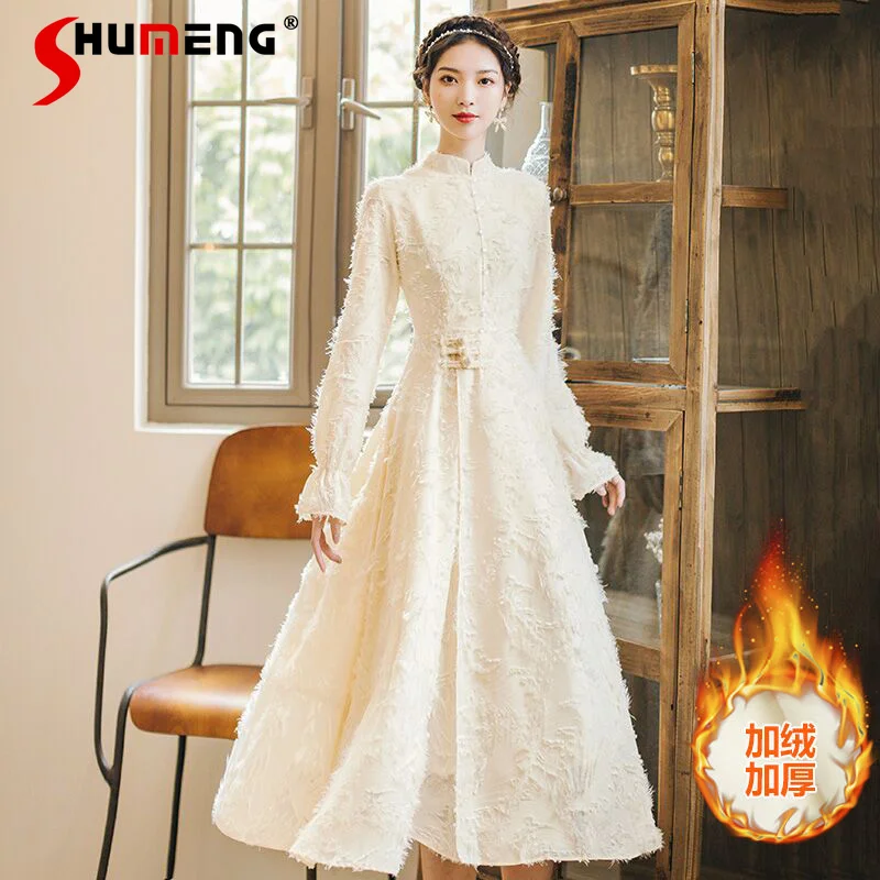 

Vintage Improved High Waist Long Sleeve Rosy Cheongsam Dress Gentle Fairy Slimming Long Dresses Vestiti Donna Eleganti Feminino