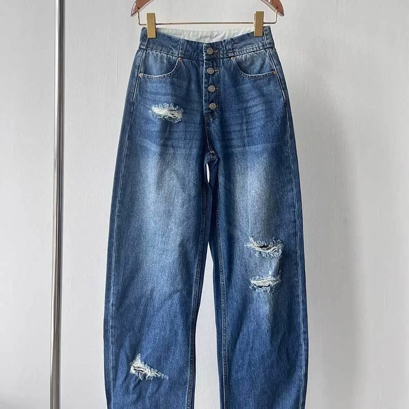 Jeans Straight Y2K Fashion Runway Vintage High Waist Single Breasted Ripped Denim Pant Simple Women Top Quality Clothes