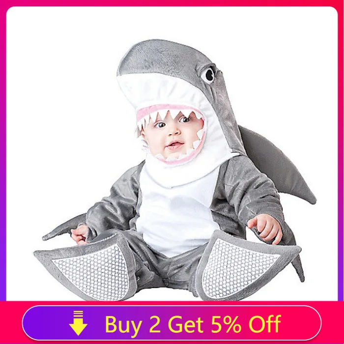 

6-30 Months Newborn Animals Cartoon Grey Shark Rompers Boys Girls Halloween Cosplay Costumes Role Play Jumpsuit Hat Socks