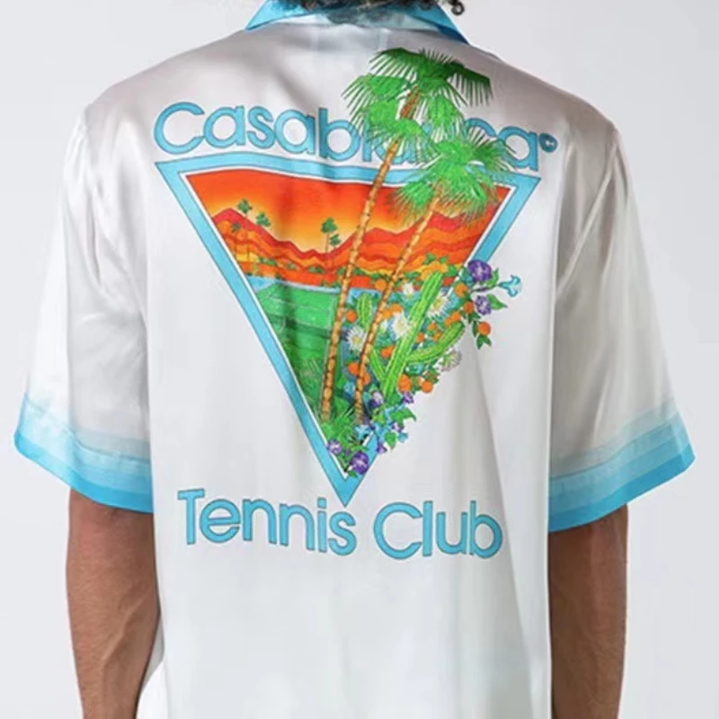 

CASABLANCA White Blue Cactus Tennis Court Print Shirt Men's Women's Couple Summer Beach Short Sleeve Shirt