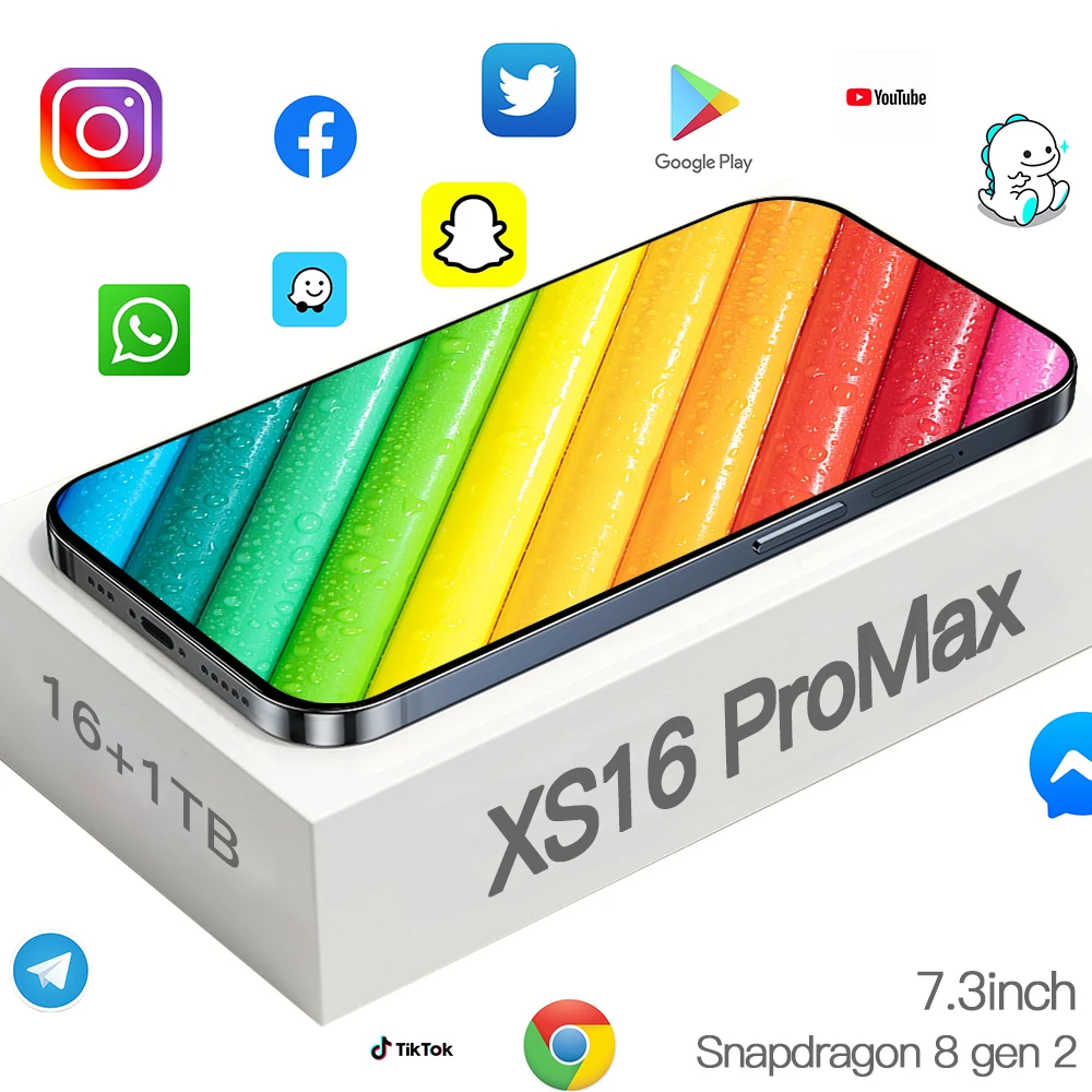 Мобильные телефоны XS16 ProMax 7.3 HD Экран Смартфон Оригинальный 16 ГБ + 1 ТБ 5G Dual Sim Celulares