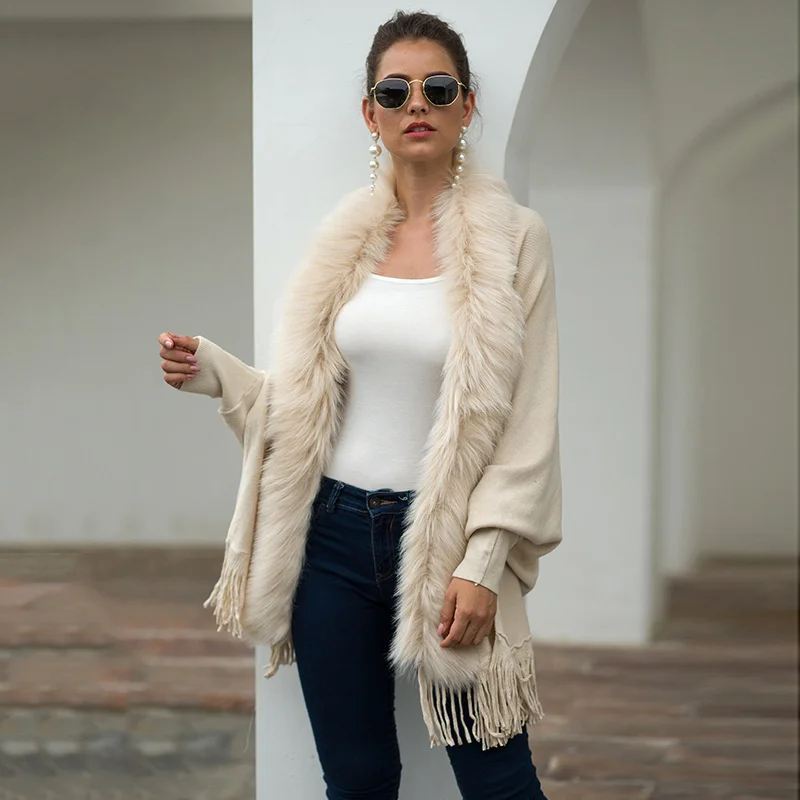 

New Winter Fur Collar Shawls And Wraps Women Bohemian Fringe Oversized Ponchos And Capes Batwing Sleeve Cardigan Coat