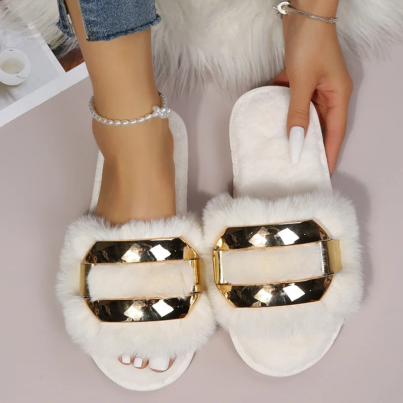 

Fashion Women Fur Slippers Winter Flip Flops Flat Soft Sides Indoor Mules Bedroom Floor Slippers Casual Shoes For Female