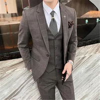 Plaid Suits For Men Slim Fit 3 Piece Sets (Jacket+Vest+Pants) Formal Wedding Dress Groom Prom Tuxedo Man Office Business Blazer