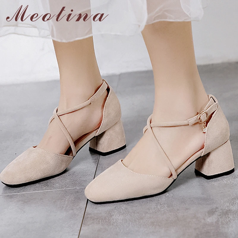 

Meotina Women Two-Piece Shoes Thick Heels Buckle Pumps Square Toe High Heel Cross Strap Ladies Footwear Autumn Beige Red 33-43