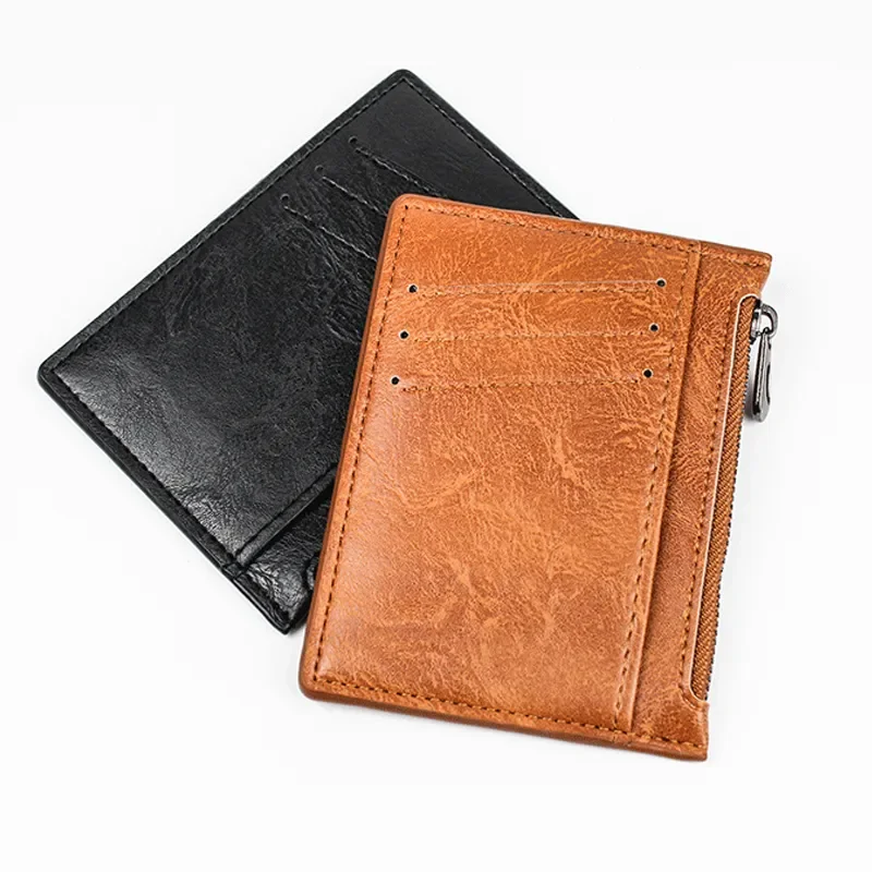 Thin Zipper Wallet Men's Small Wallet Business PU Leather Wallets Band Solid Color Card Coin Purse Credit Bank Holder