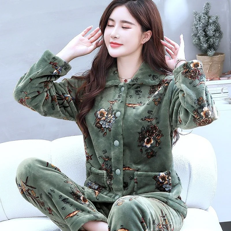 Winter Pajamas Set Sexy Sleepwear For Women Warm Thick Pyjama Women's Flannel 2022 Fashion Flower Print Homewear Big Size