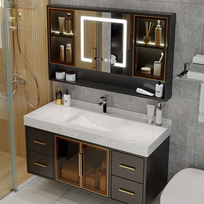 

Light Luxury Smart Bathroom Cabinet Combination Simple Modern Marble Washbasin Basin Slate Bathroom Vanity Muebles De Baño