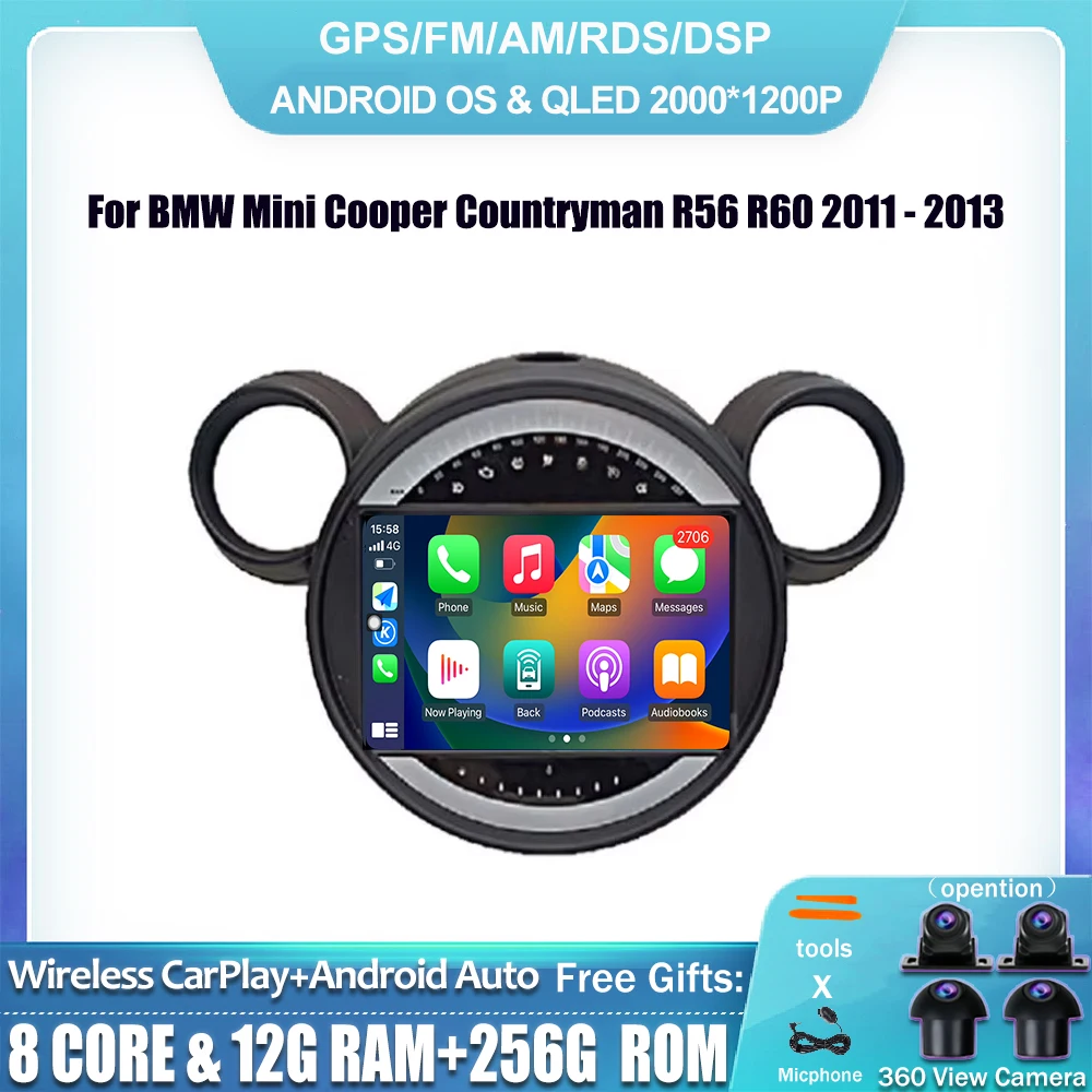 Для BMW Mini Cooper Countryman R56 R60 2011-2013 Android 14 Автомобильный радиоприемник Беспроводной Carplay