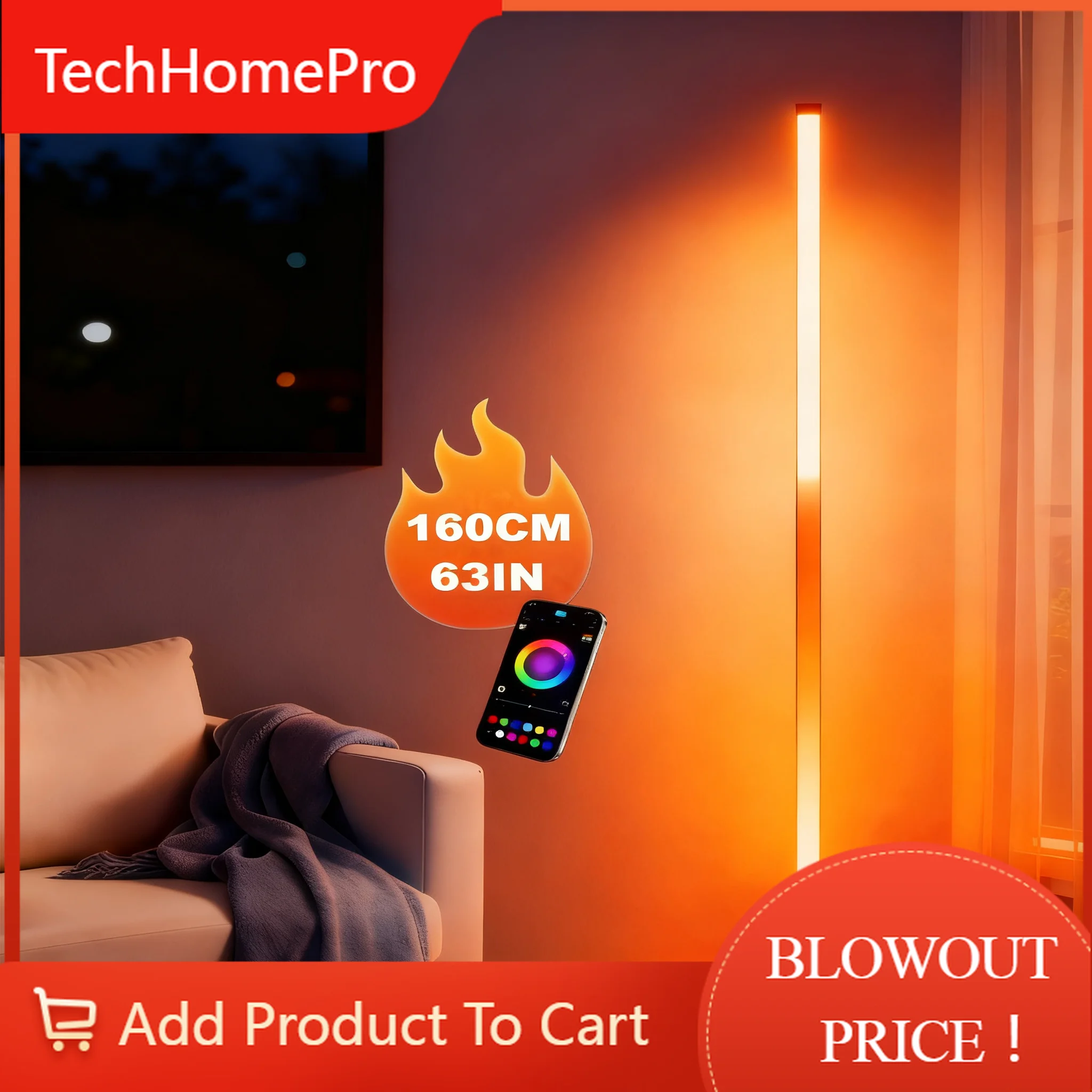 Фото Умный RGB LED торшер TechHPSmart 160 см, яркий напольный светильник для гостиной с управлением через приложение и пультом ДУ, современный торшер с музыкой №1