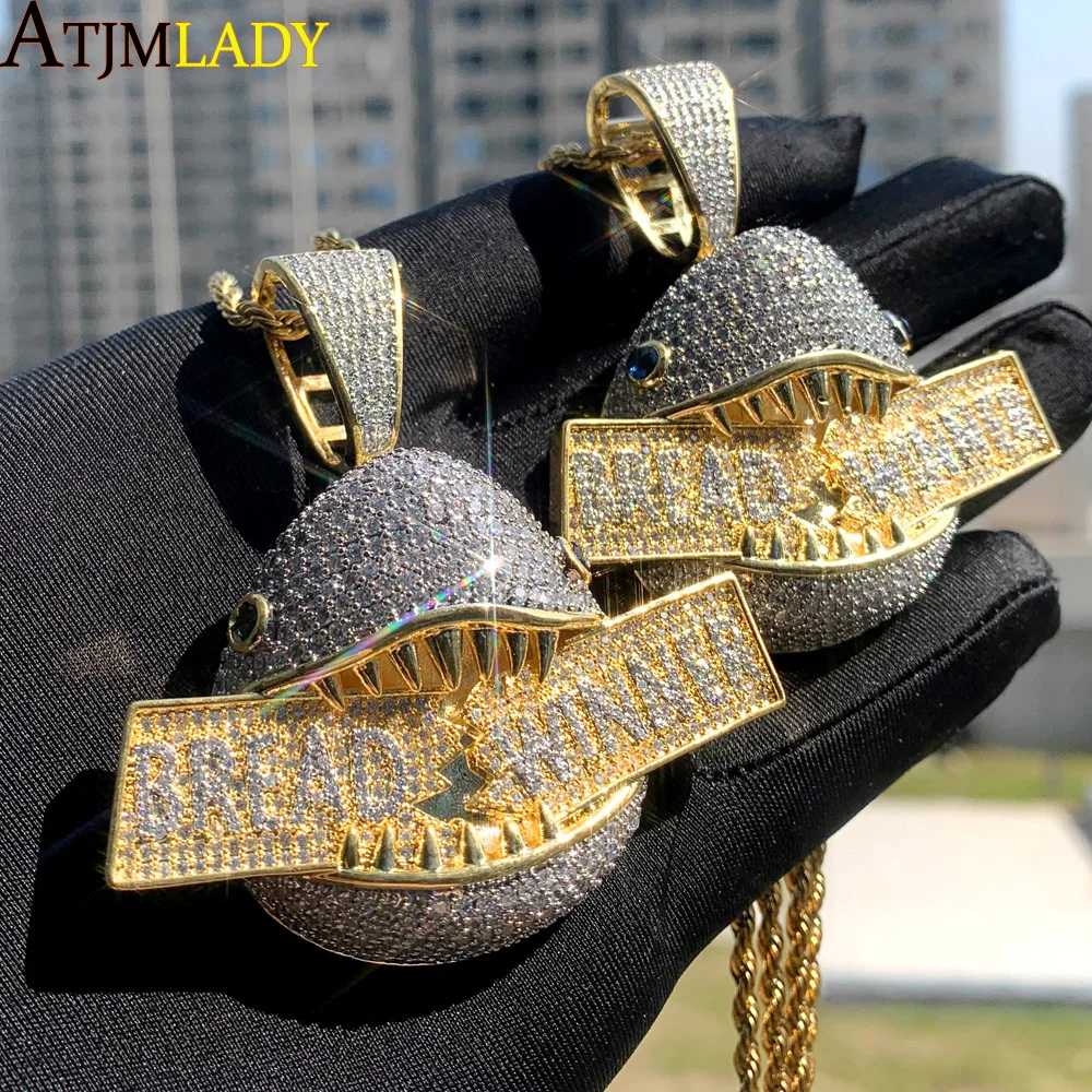

Hip Hop Full Paved Cubic Zirconia CZ Bling Iced Out Bread Winner Shark Animal Pendants Necklaces for Men Rapper Jewelry