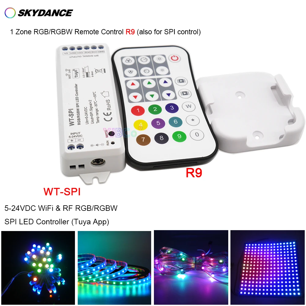 

Skydance music WiFi+2.4G RF RGB/RGBW Pixel IC SPI WS2812 WS2815 LED Strip module Controller WT-SPI R9 RGB Remote 5V-24V 12V