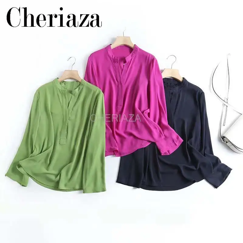 

CHeriaza European and American style spring and summer new vintage loose fitting standing collar casual fashion shirt