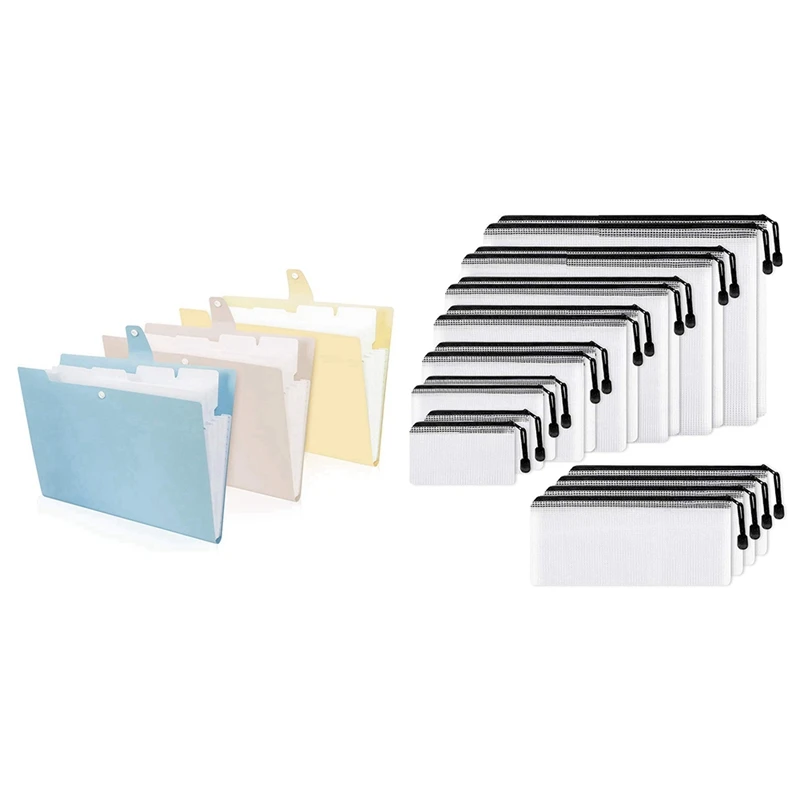 

3X 5 Pocket Expanding File, Folder With Snap Button Closure For A4 Letter & 18Pcs Mesh Zipper Pouch Document Bag