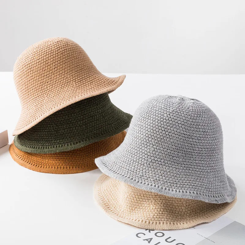 

Spring Solid Knitted Bucket Hat Women Literary Retro Fisherman Basin Hat Summer Female Cute Dome Sun Hat Folding Panama Hat