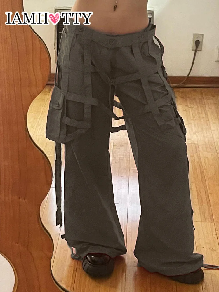 

IAMHOTTY Hollow Out Denim Skirt Patchwork Cargo Jeans Women Low Rise Vintage Grunge Trousers Hip Hop Fashion Streetwear Wide Leg
