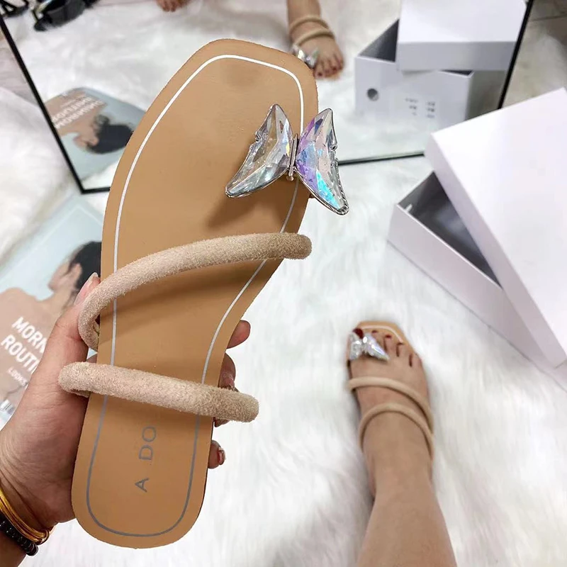 

2022 Fashion Sexy Summer New Open Toe Square Toe Outdoor Women's Slippers Solid Color Flat Bottom Bow Decoration Beach Slippers