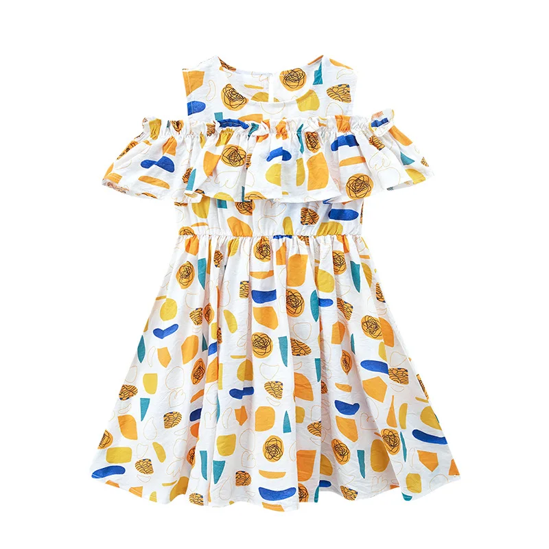 

New 2022 Girls Floral Dress Summer Teen Ruffled Princess Dresses Cute Kids Off-shoulder Cotton Dress Children Clothing, #0013