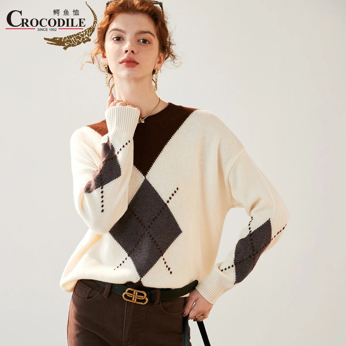 

Crocodile 2022 New Vintage British Style Warm Soft Women Sweaters Round Neck Diamond lattice White Pullover Ladies Fashion Tops