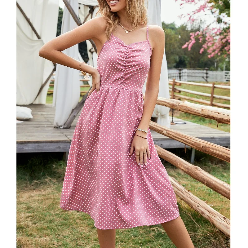 

Elegant Sexy Women Summer Dress 2022 New Casual Spaghetti Strap A-line Midi Dress Office Lady V-neck Folds Pink Dot Sling Dress
