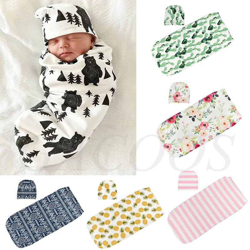 

Unisex Newborn Swaddle Wrap+Hat Cotton Baby Receiving Blanket Bedding Cartoon Cute Sleeping Bag Infant Sleep Sack for 0-3 Months