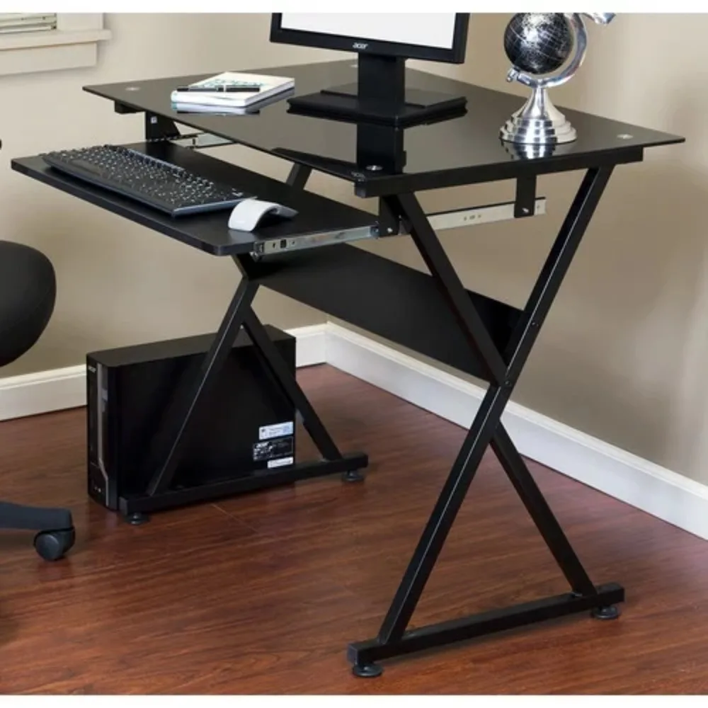 

50-JN1205 Ultramodern Glass Computer Desk, with Pull-Out Keyboard Tray, Black gaming desk