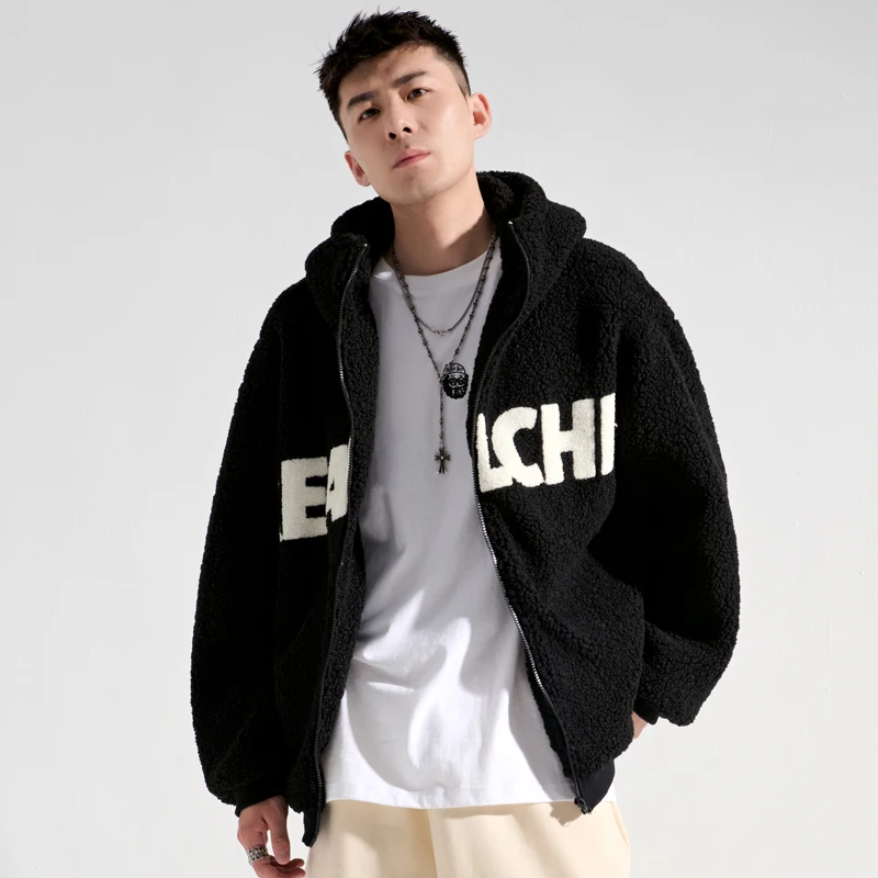 Winter Hooded Lambswool Rabbit Fur Coat Letters Fashion Brand Cotton-Padded Clothes Couple Clothes