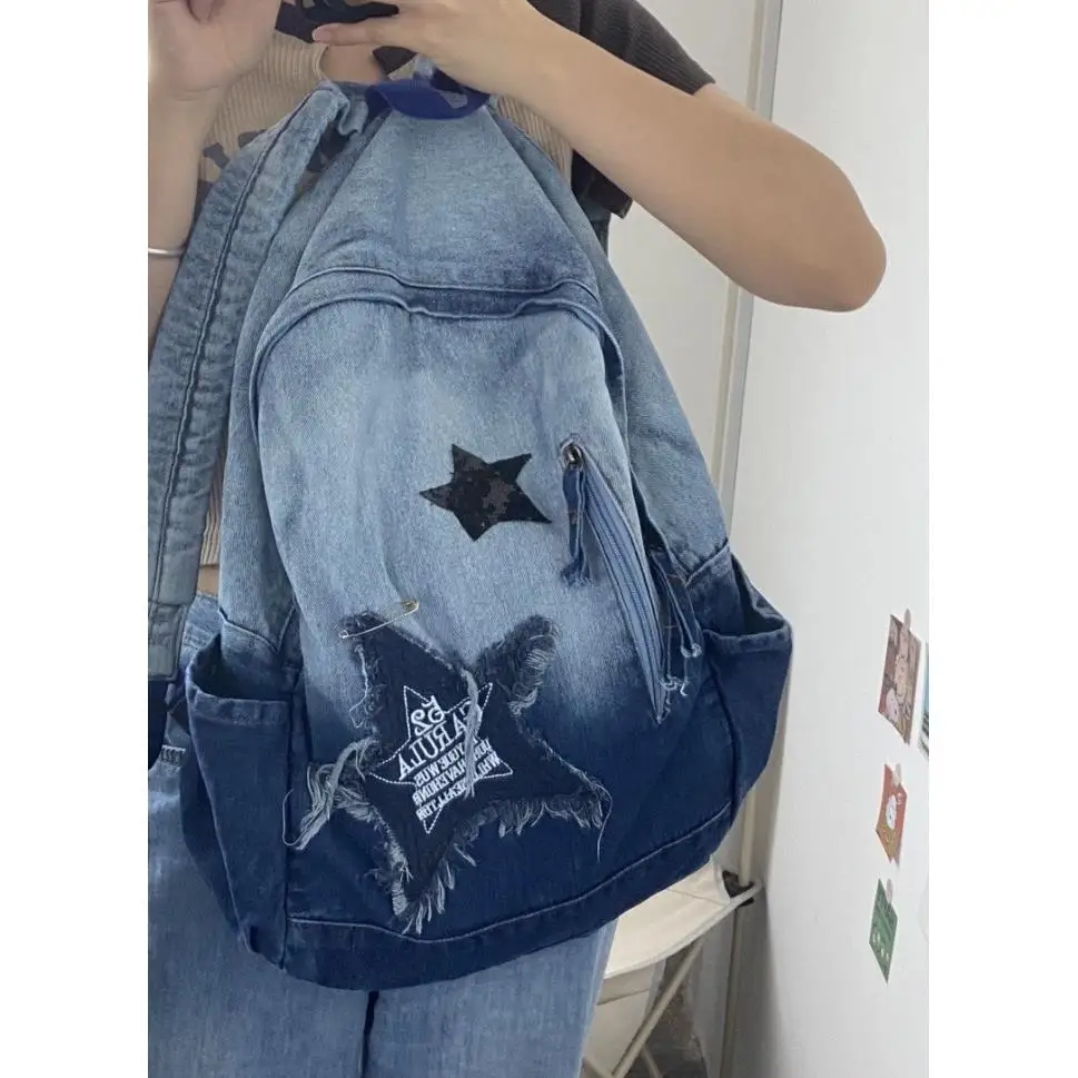 Y2K Korean Vintage Casual Denim Book Bag Cowboy Backpack Student Bags Schoolbag Kids Travel Girls Ladies Backpacks For Women