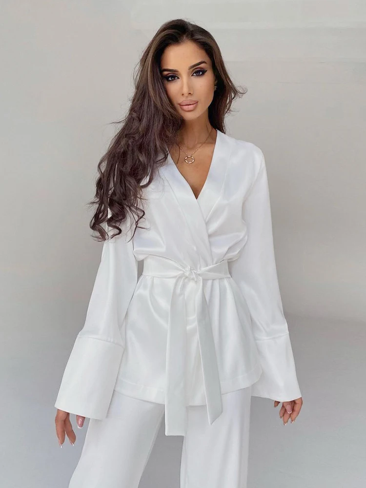 Mnealways18 Black 2 Piece Sets Women Robe Sets Full Sleeves Home Wear Pants Suits Satin Nightgowns 2022 Loungewear Female Suit