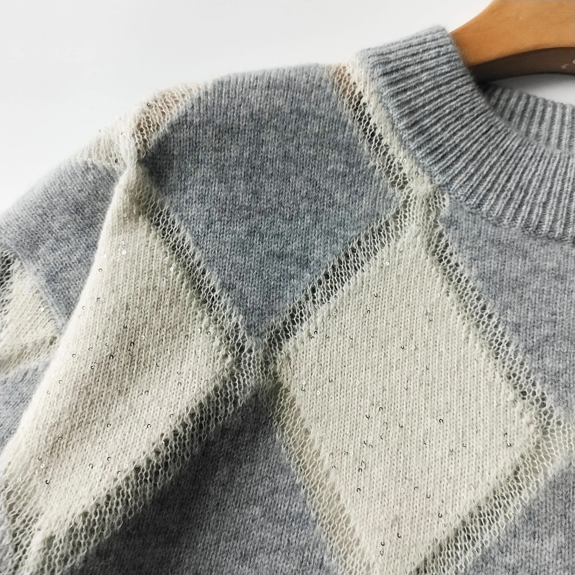 Шерстяной мохеровый свитер для женщин осень-зима ромбические блестки ажурный