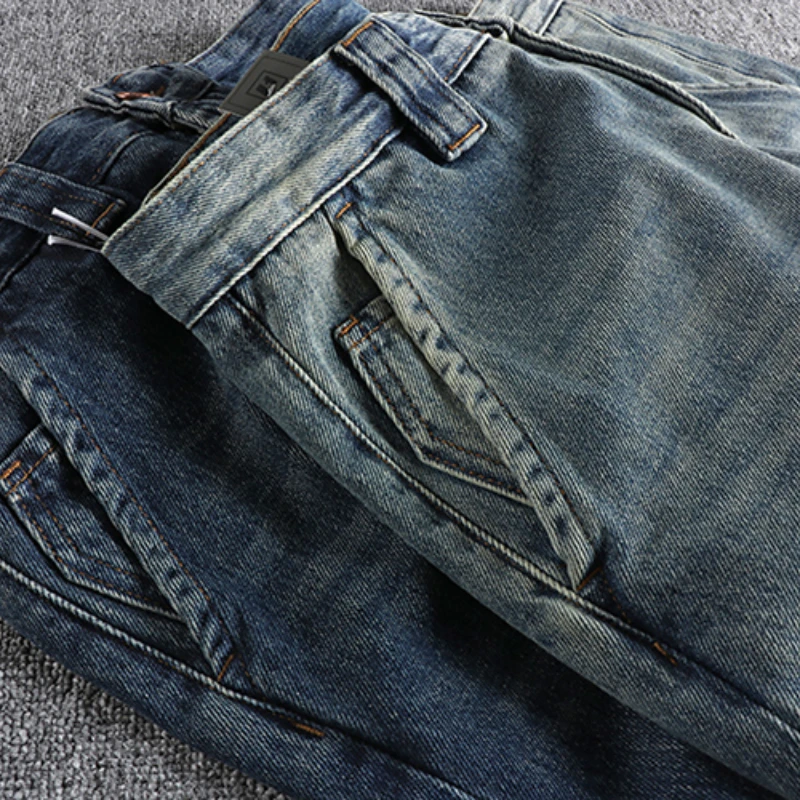 Heavy wash worn blue cotton denim jeans men, n retro trend loose straight tube youth long pants