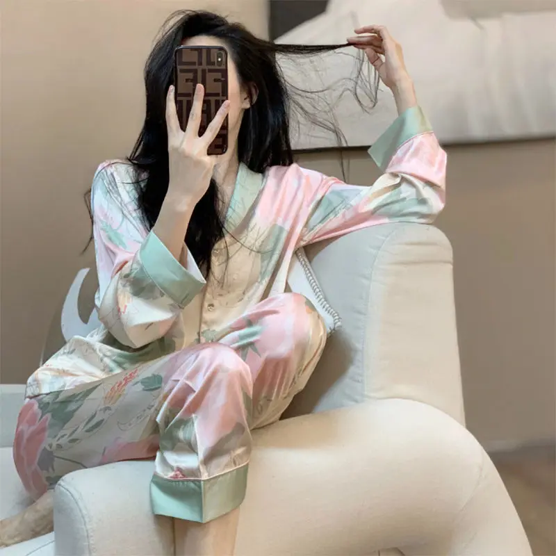 High-grade silk pajamas female the spring and autumn period and the new ice long-sleeved pants silk leisurewear suit