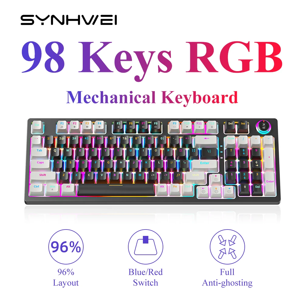 

Mechanical Keyboard 98 Keys Compact RGB Backit Blue Red Switch Ergonomic Wired Keyboard for Gaming Office Internet Cafe