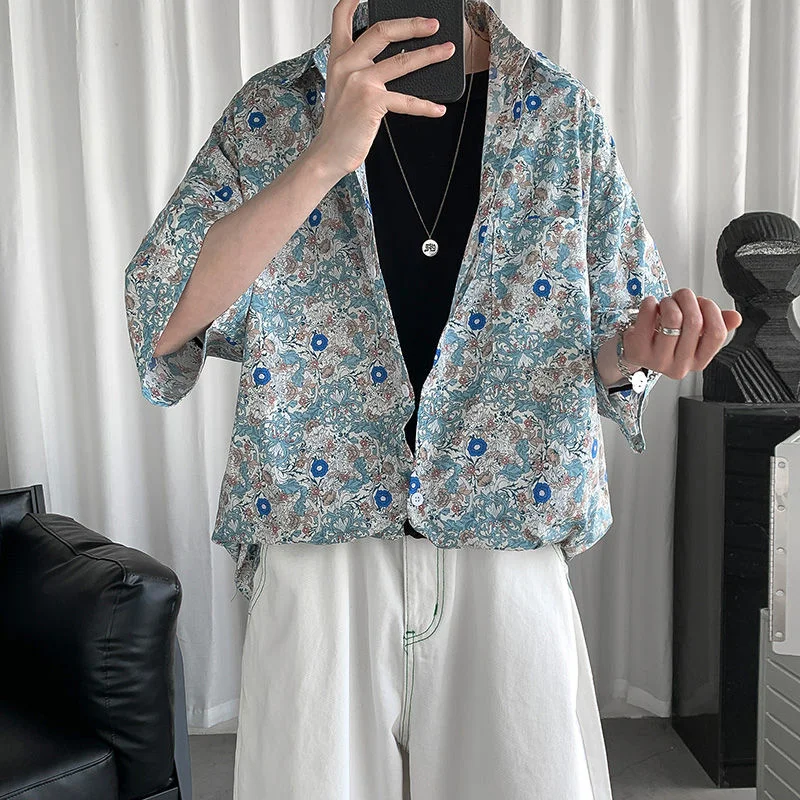 

Summer Thin Flower Shirt Men Fashion Print Hawaiian Shirt Men Korean Loose Short Sleeve Shirts Mens Pocket Casual Shirt M-2XL