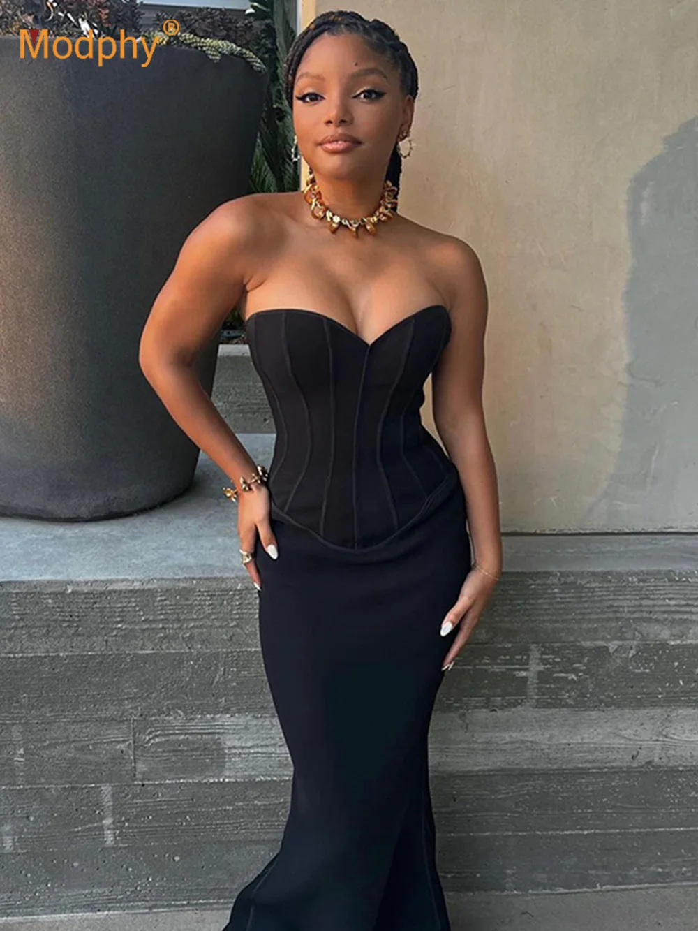 

Modphy Women Winter Sexy Strapless Backless Black Midi Bodycone Bandage Dress 2022 Elegant Party Club Fishbone Dresses Vestidos