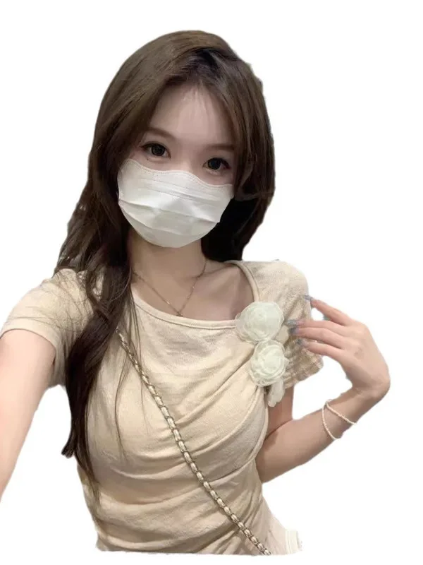 Французская модная футболка с коротким рукавом и трехмерными цветами для женщин