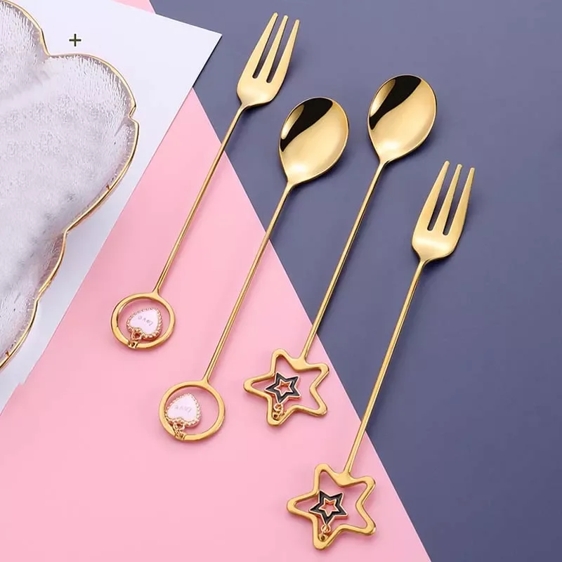 

Stainless Steel Coffee Spoon Watermelon Ice Cream Spoon Tea Spoon Dessert Spoon Fork With Pretty Pendant Creative Tableware