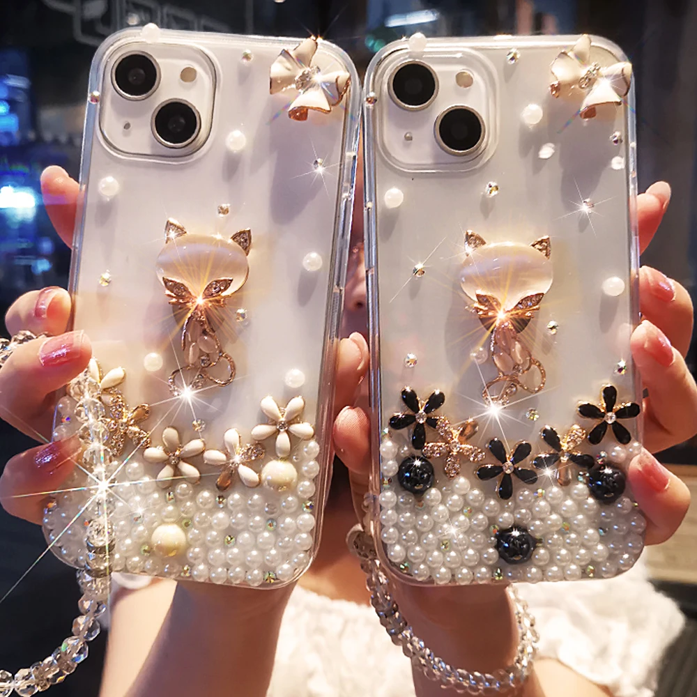 

Luxury Glitter Rhinestone 3D Fox Phone Case For iPhone 14 13 12 11 Pro Max Mini + Plus 7 8 X XS XR Protector Cover With Strap