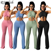 rstylish 2022 new sexy two piece set women summer solid streetwear bandage crop tops high waist flare pants tracksuit