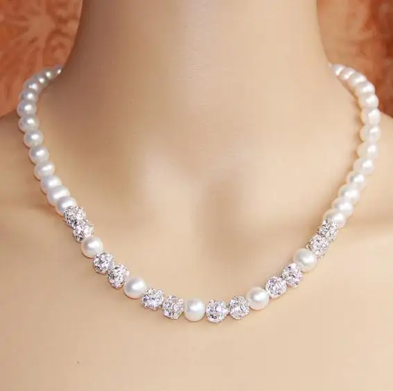 

Ожерелье из жемчуга АА уникального дизайна, 18 дюймов, 9 мм стразы, ювелирные изделия из белого пресноводного жемчуга, для подружки невесты, с...