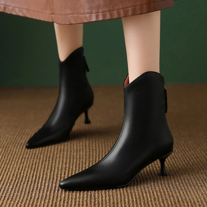 

NEW Autumn Boots Women Pointed Toe Kitten Heel Women Boots Genuine Leather Shoes for Women Ankle Boots Women Zipper Modern Boots