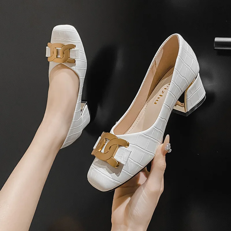 2022 Spring New Metal Buckle Stone Pattern Square Toe Shallow Mouth Single Shoes Medium Thick Heel High Heels Casual Shoes