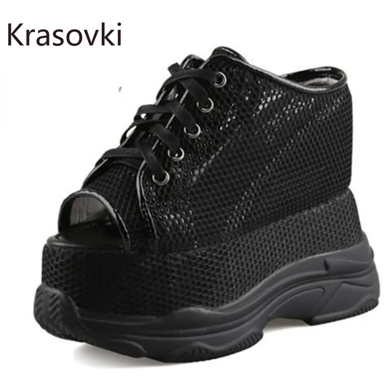 

Krasovki 13CM New Air Mesh Comfy Shoes Fashion Summer Peep Toe Hidden Heel Slippers Breathable Platform Wedge Women Sandal High