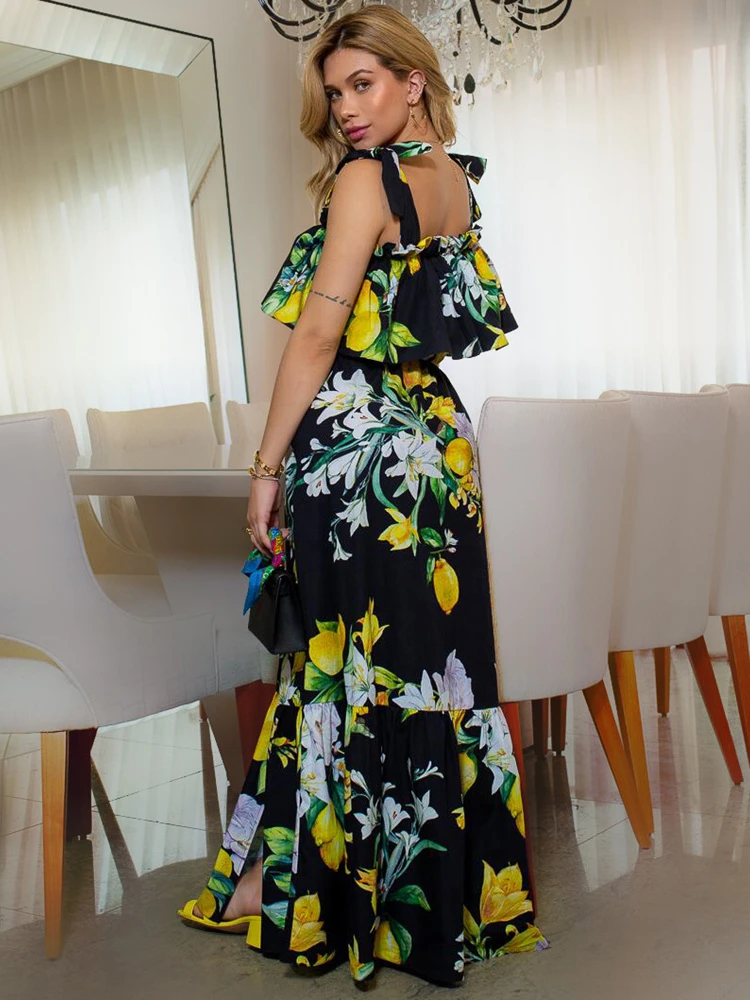 

Women's Spring Summer Sexy Slip Dress Female Korean Fashion Luxury Slit Long Floor-length Floral Boho Beach Dresses